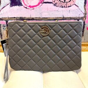 Badgley Mischka XL Quilted Clutch Wristlet NWT Grey